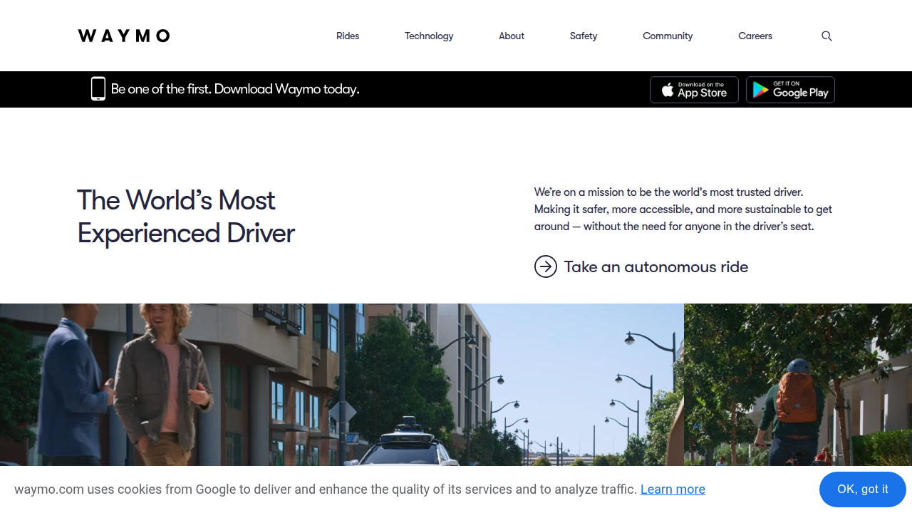 A screenshot of Waymo's official website, showcasing their advancements in autonomous vehicle technology and services.