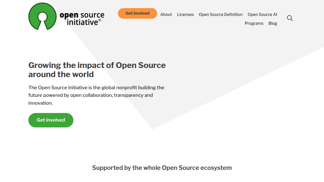 The homepage of the Open Source Initiative, a key organization defining open-source licenses and principles.