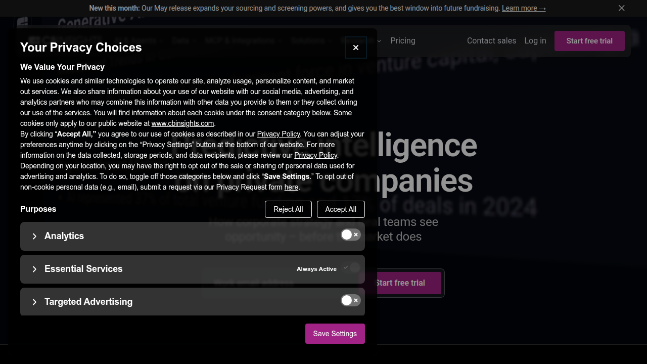 The homepage of CB Insights, a platform known for its technology trend reports and market analysis.
