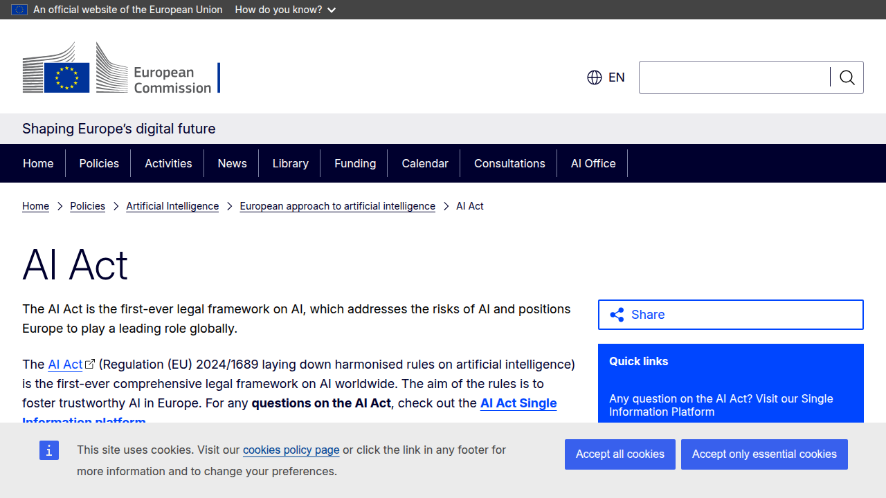 The official page detailing the European Union's AI Act, setting regulatory standards for artificial intelligence.