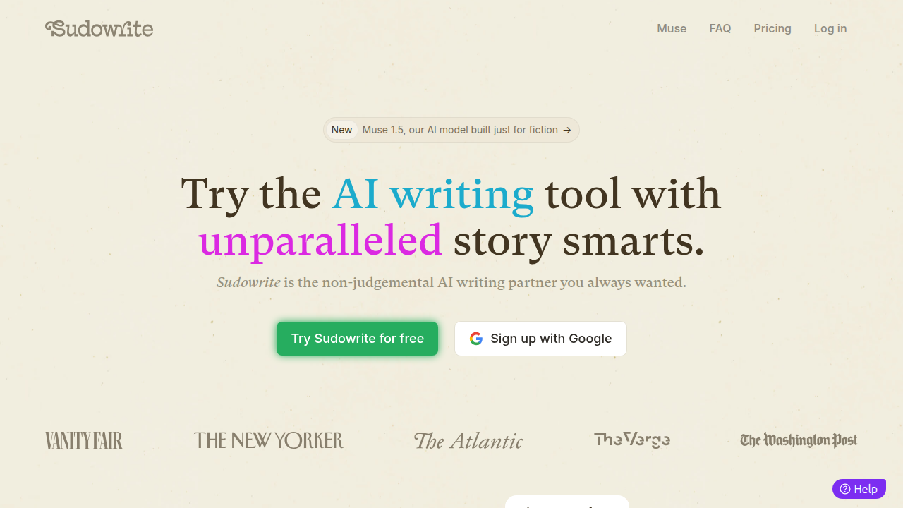 Screenshot of the homepage for Sudowrite, an AI writing tool designed for fiction writers.