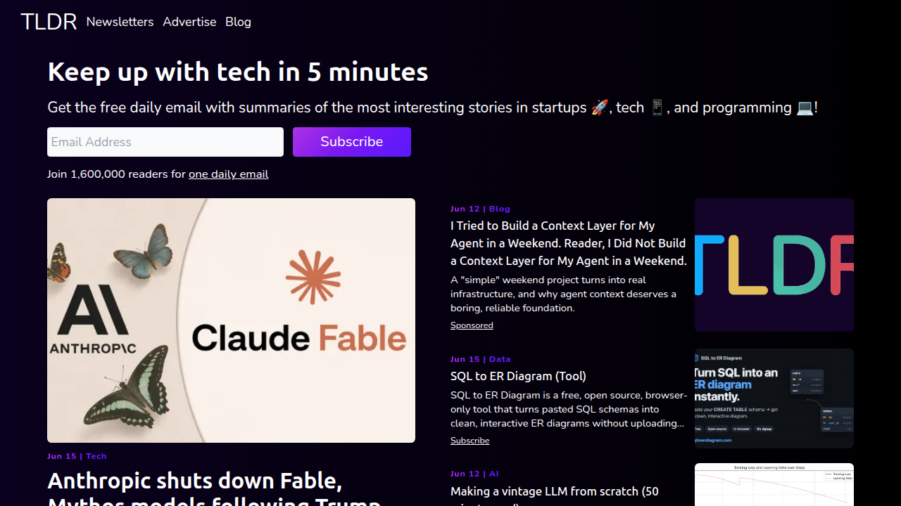A screenshot of the TLDR newsletter homepage, showcasing its concise, daily AI updates for busy professionals.