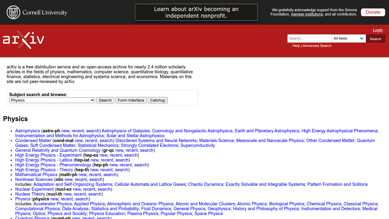 A screenshot of the arXiv pre-print server homepage, a key source for cutting-edge academic papers in AI and related fields.