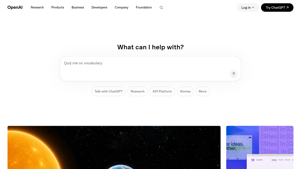 The official homepage of OpenAI, a leading company in artificial intelligence research and development, showcasing its innovations.