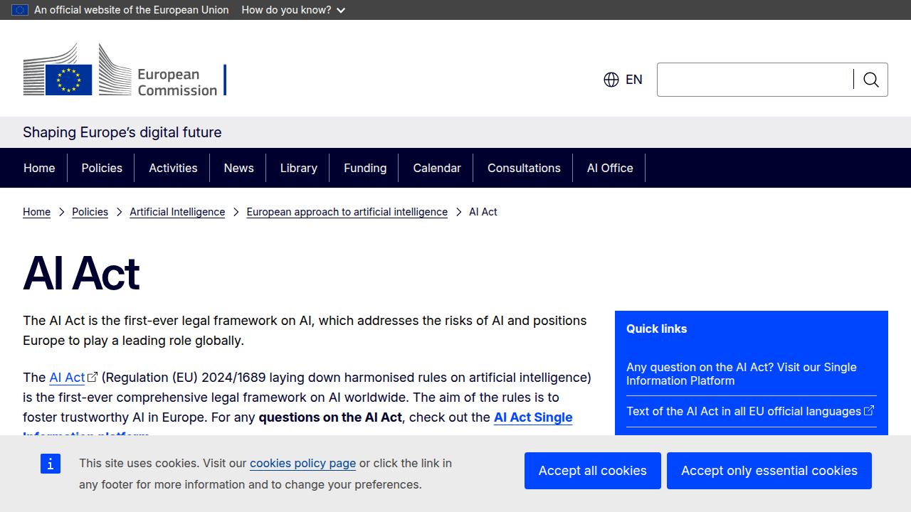 The European Commission's official page detailing the EU AI Act, a landmark regulation for AI governance and ethics.