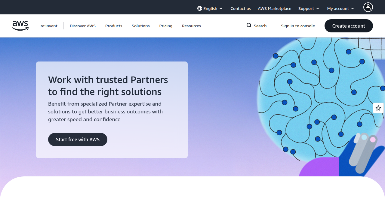 Screenshot of the Amazon Web Services (AWS) homepage, a leading cloud provider mentioned for its AI insights.