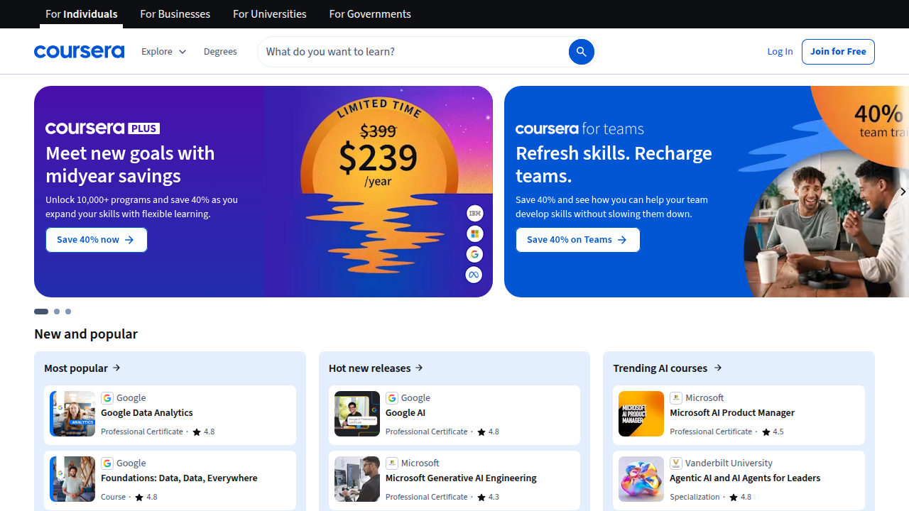 Screenshot of the Coursera homepage, an online learning platform referenced for its Generative AI definitions.