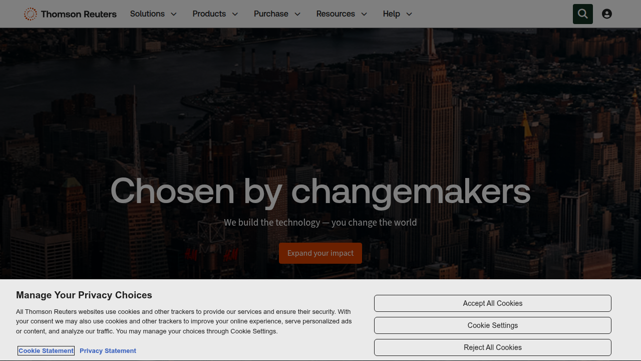 Screenshot of the Thomson Reuters homepage, a leading information provider relevant to understanding AI's market impact.