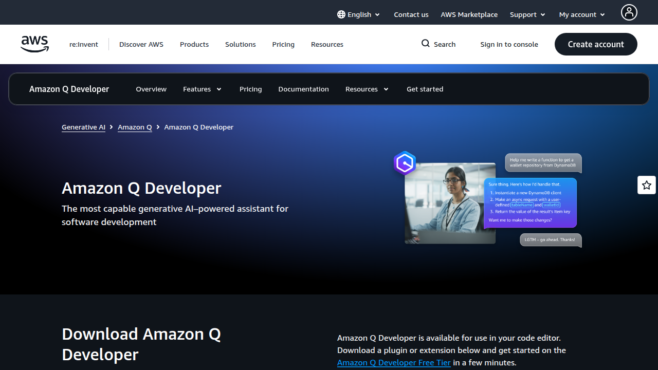The official Amazon CodeWhisperer website, detailing its features including AWS integration and security scanning.