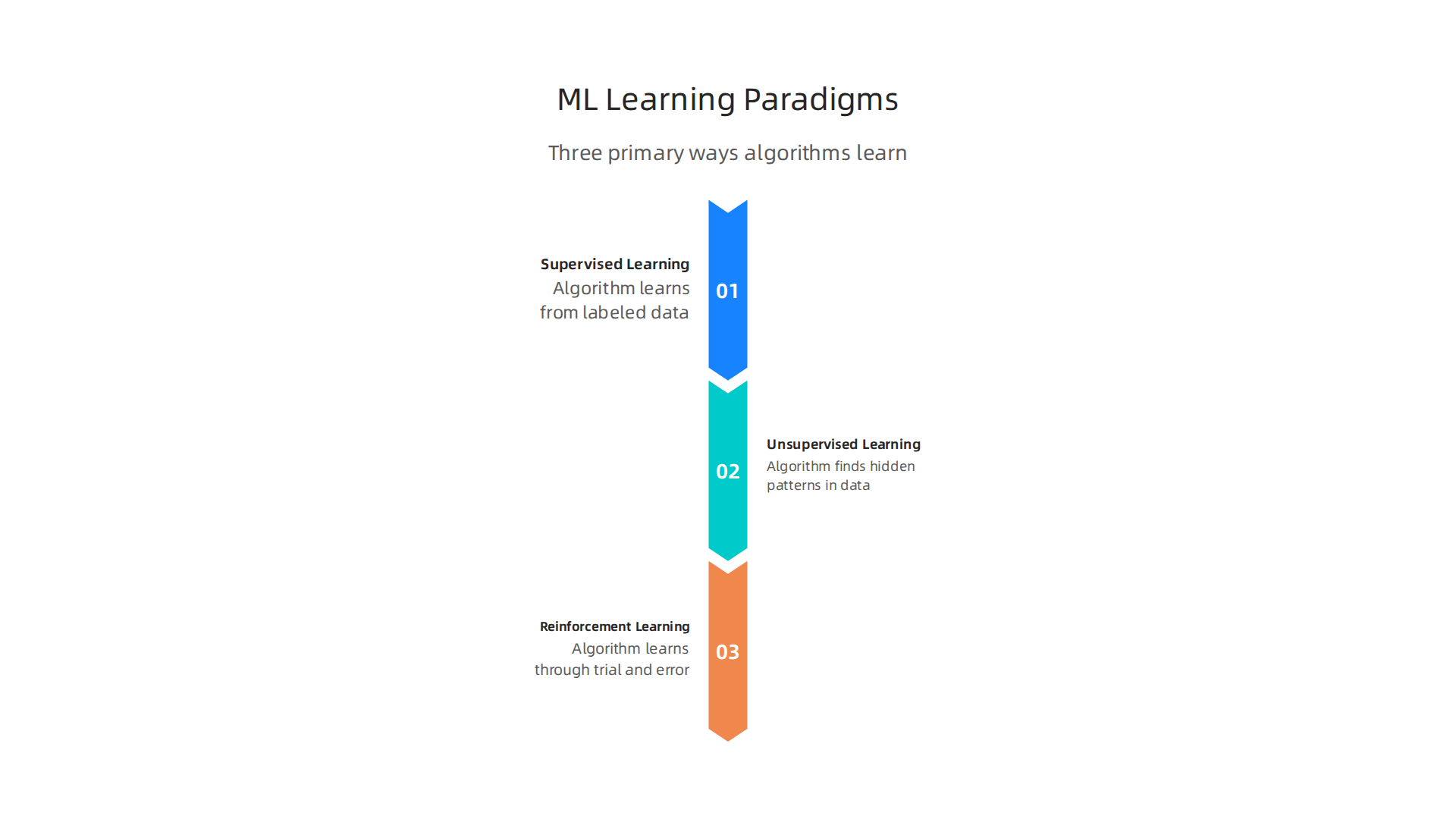 An infographic detailing the three primary paradigms of machine learning: Supervised, Unsupervised, and Reinforcement learning.