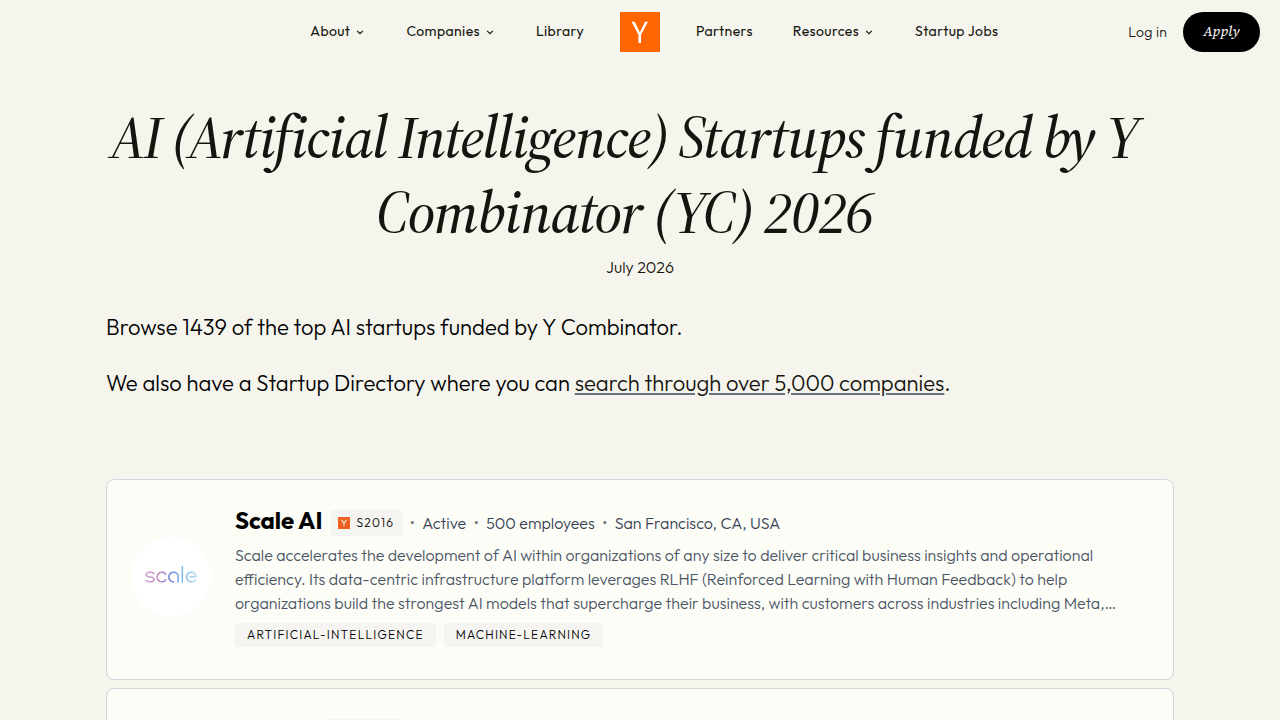 Browse the extensive directory of AI startups funded by Y Combinator.
