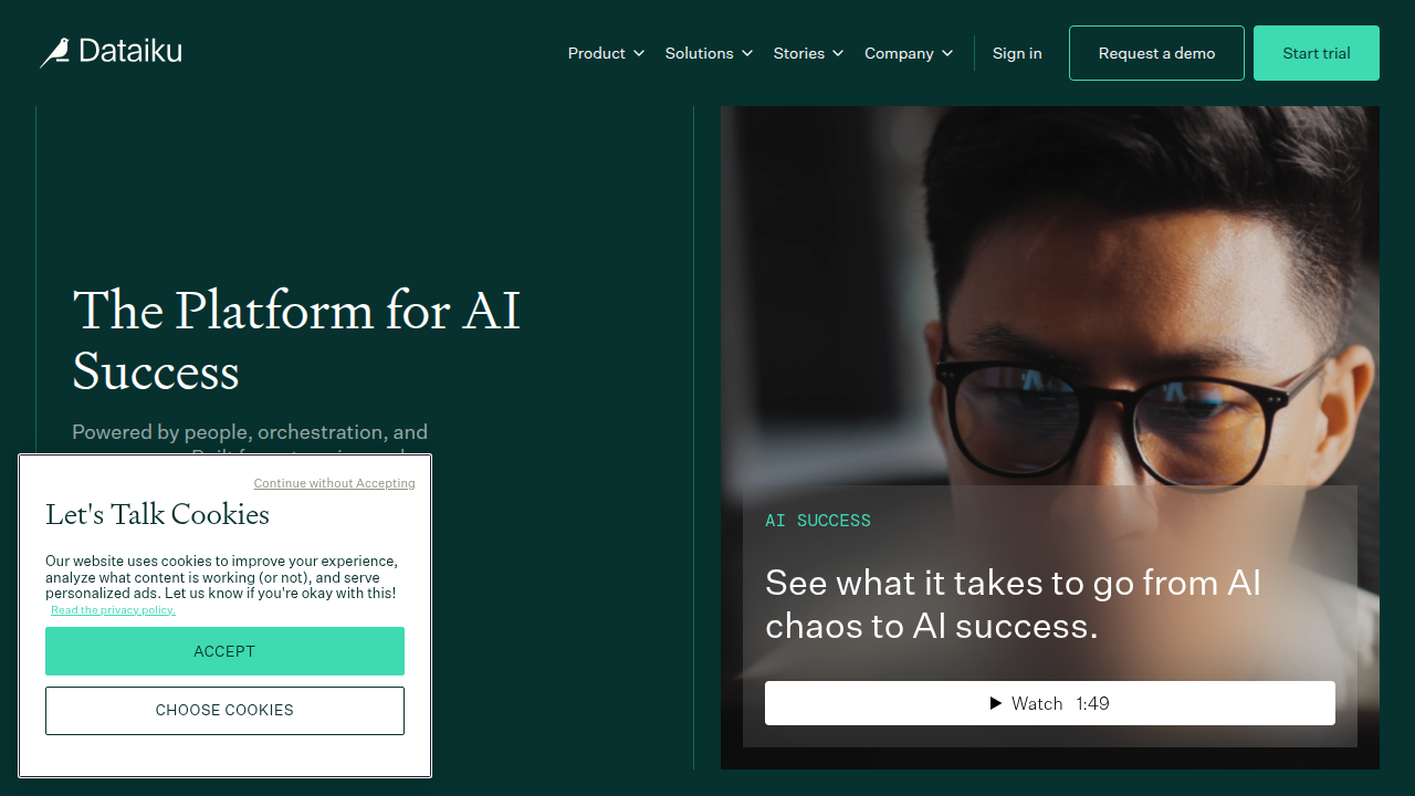 A screenshot of the Dataiku homepage, representing specialized vendors in the enterprise AI platform market.