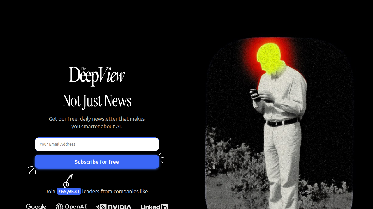 Screenshot of The Deep View newsletter subscription page, offering clear daily updates on the AI industry.