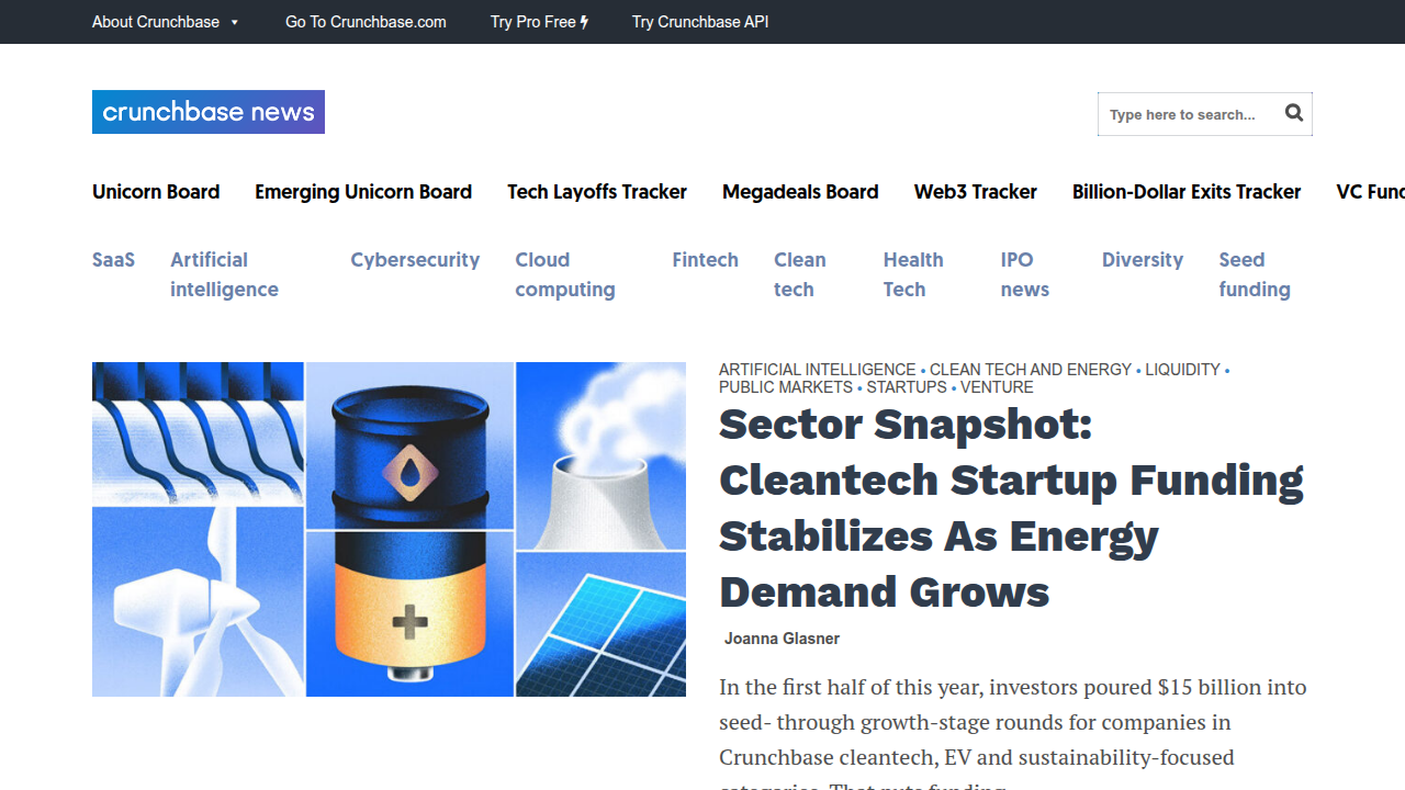 Screenshot of Crunchbase News homepage, a source for tracking global venture funding, including AI investment trends.