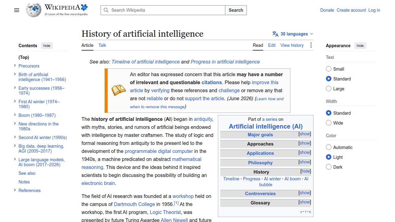 Explore the comprehensive history of artificial intelligence on Wikipedia.