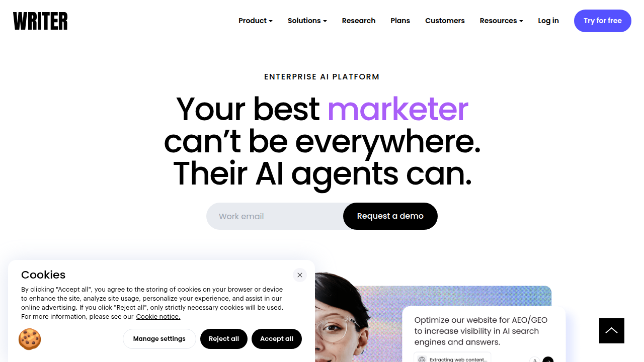 Screenshot of Writer.com, a platform offering AI writing solutions, reflecting current AI adoption trends.
