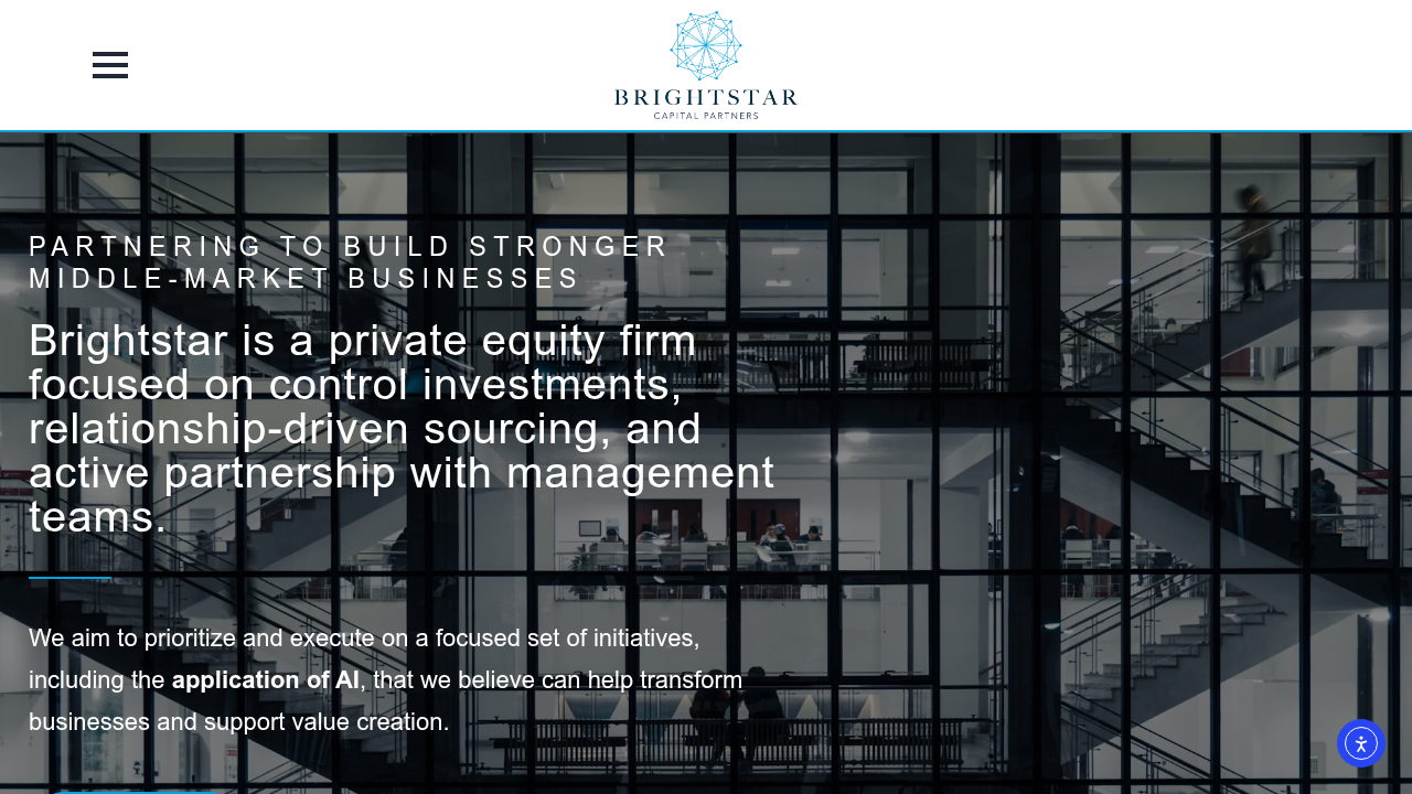 A screenshot of the Brightstar Capital Partners official website, highlighting their focus areas and professional presence.
