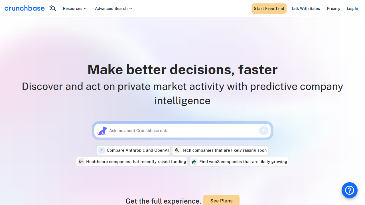 A screenshot of the Crunchbase website, a leading source for venture funding and startup news.