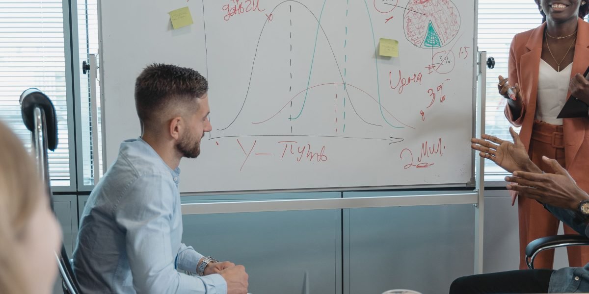 A business team actively planning their AI implementation strategy on a whiteboard, focusing on scale and management.