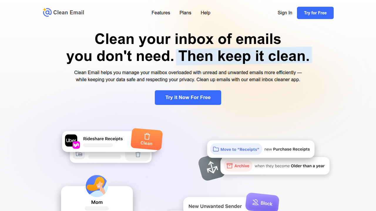 The homepage of Clean.email, a service relevant to email management and deliverability, important for AI-driven campaigns.