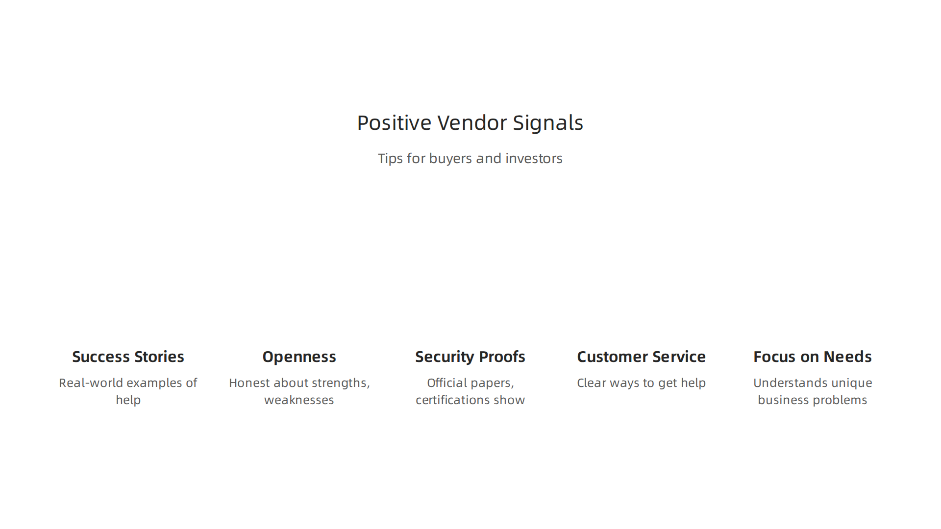 An infographic highlighting key positive indicators to look for when evaluating potential specialized AI software providers.