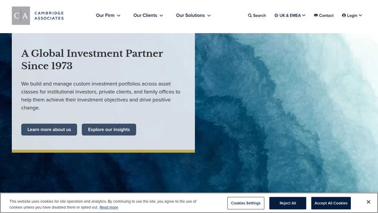 Screenshot of the Cambridge Associates homepage, a global investment firm providing research and consulting.