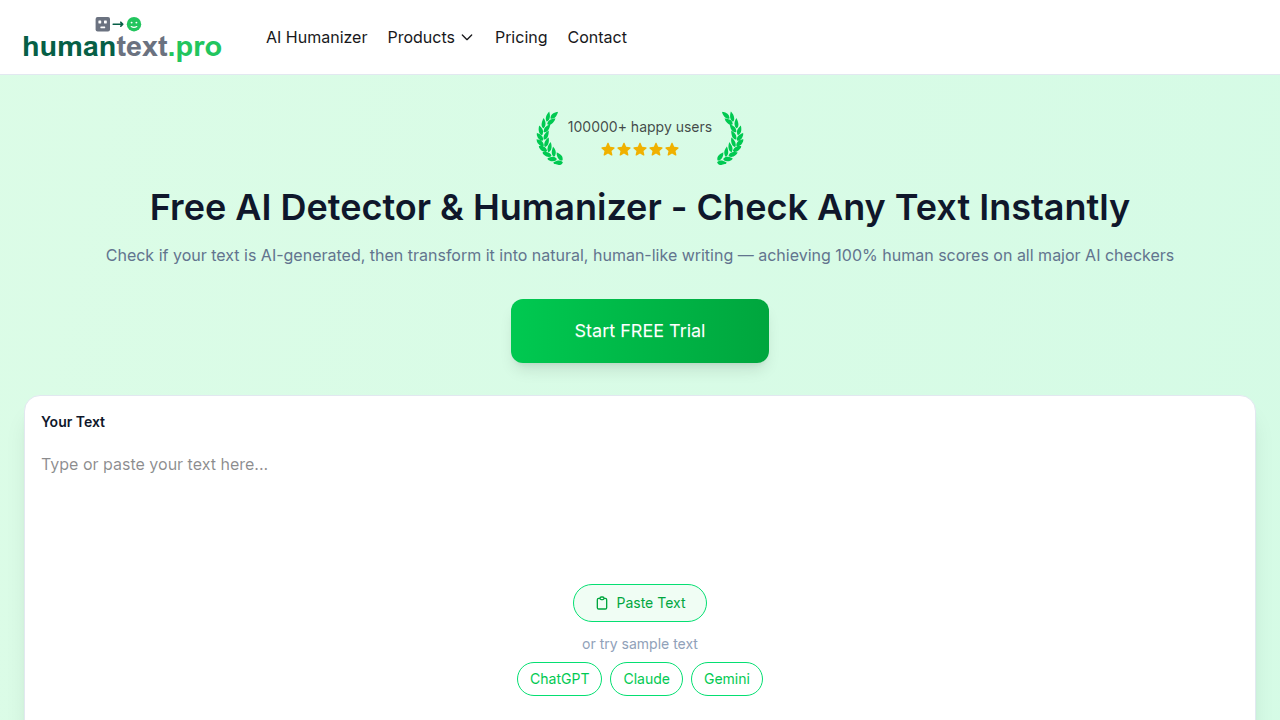 Screenshot of Humantext.pro, a resource providing unbiased reviews and accuracy comparisons of various AI content detectors to aid evaluation.