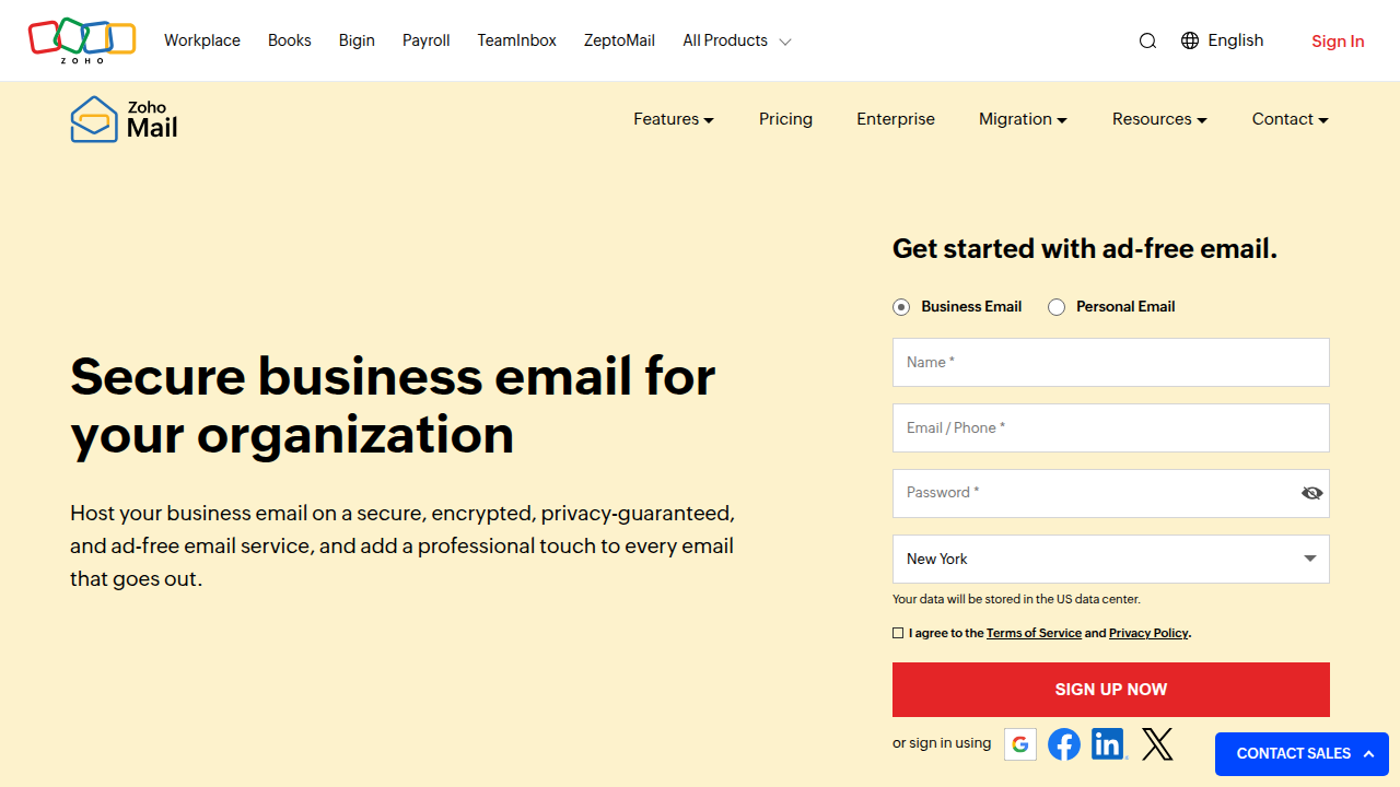 Zoho Mail provides a free plan for up to five users, offering a professional email solution for startups with their own domain.