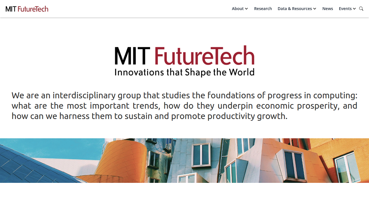 A screenshot of the MIT FutureTech homepage, a resource for research on emerging technologies and AI risks.