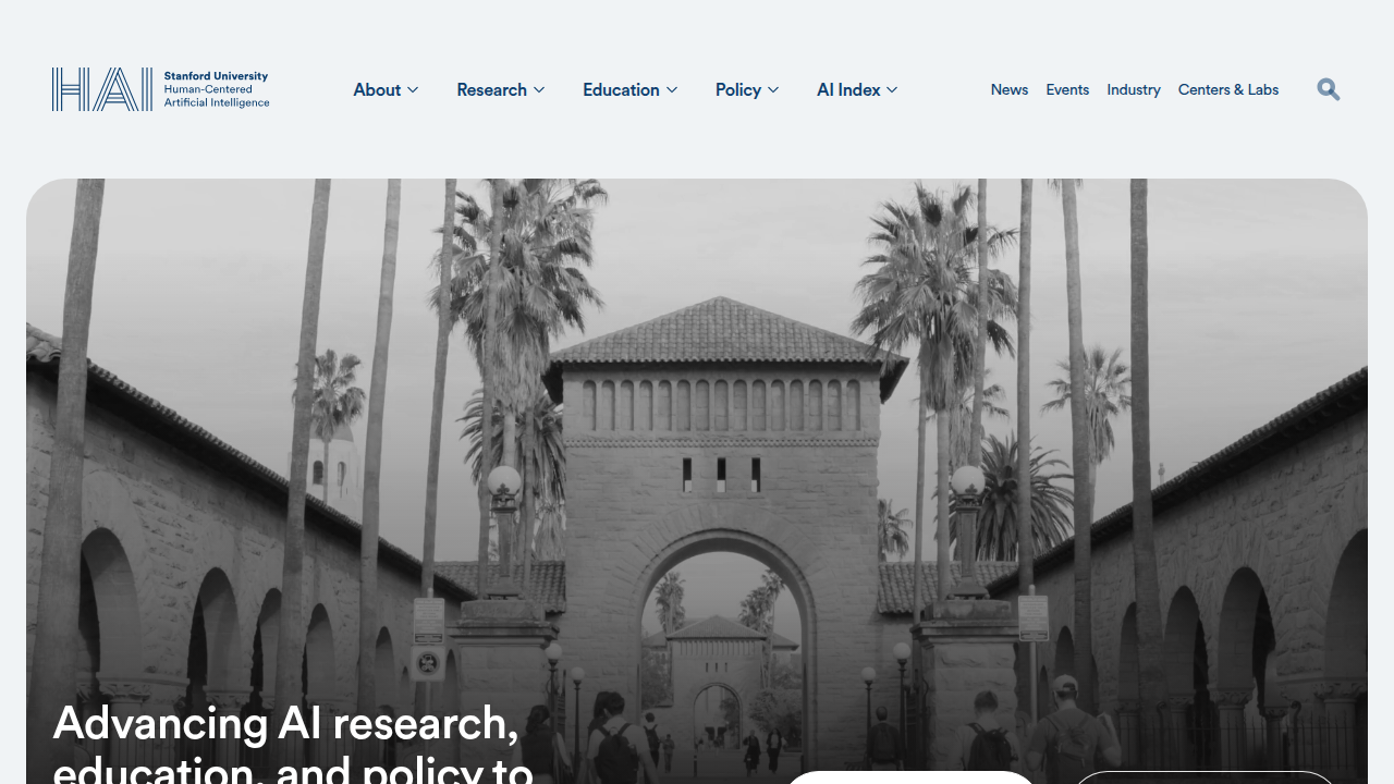 The homepage of Stanford's Human-Centered AI institute, a source for AI research and reports.