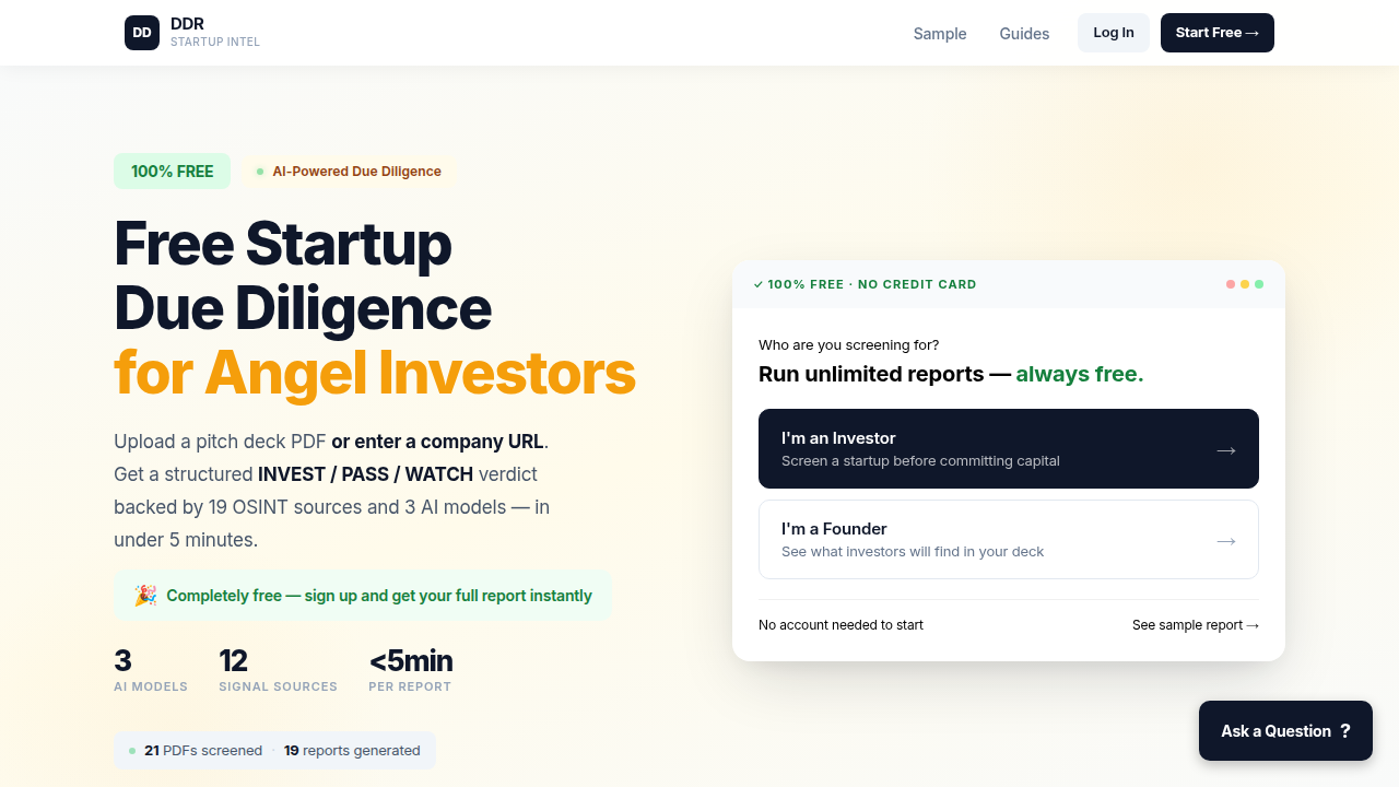 The homepage of DDR.bio, a platform offering resources for startup due diligence.