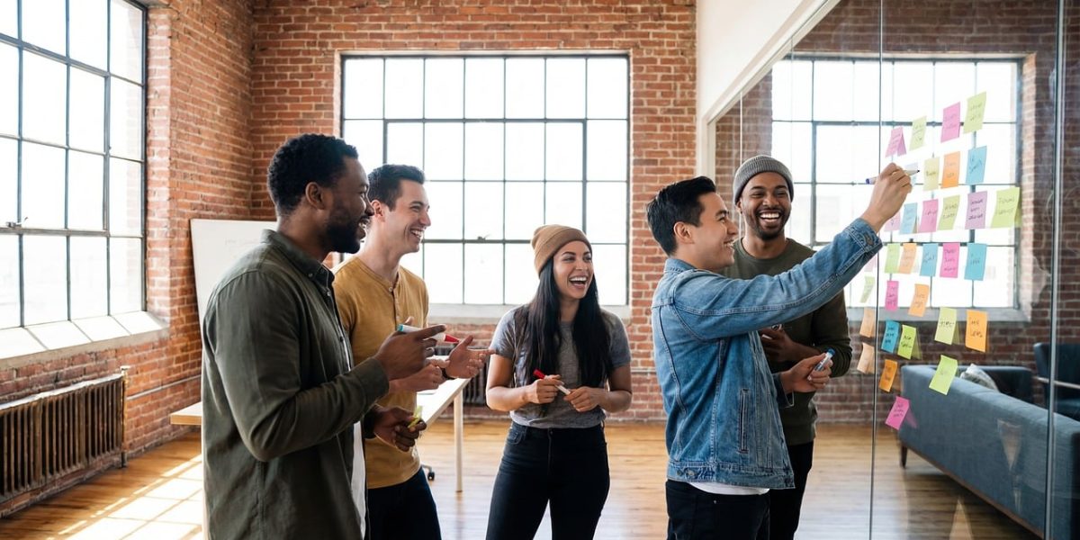 A diverse group collaborating, representing the community hubs where niche AI projects emerge and grow.
