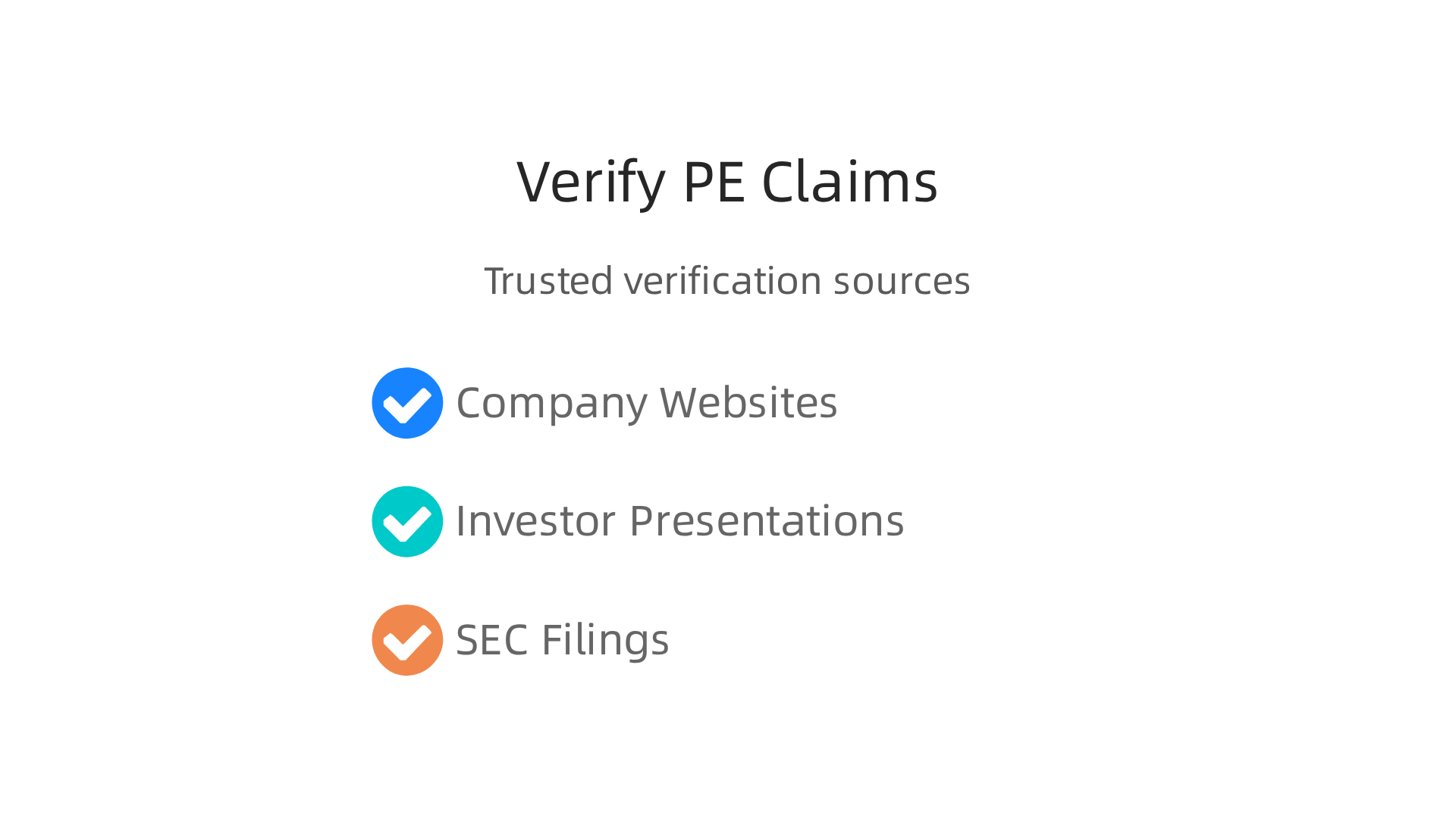 An infographic detailing reliable sources for verifying the claims and strategies of a private equity firm.