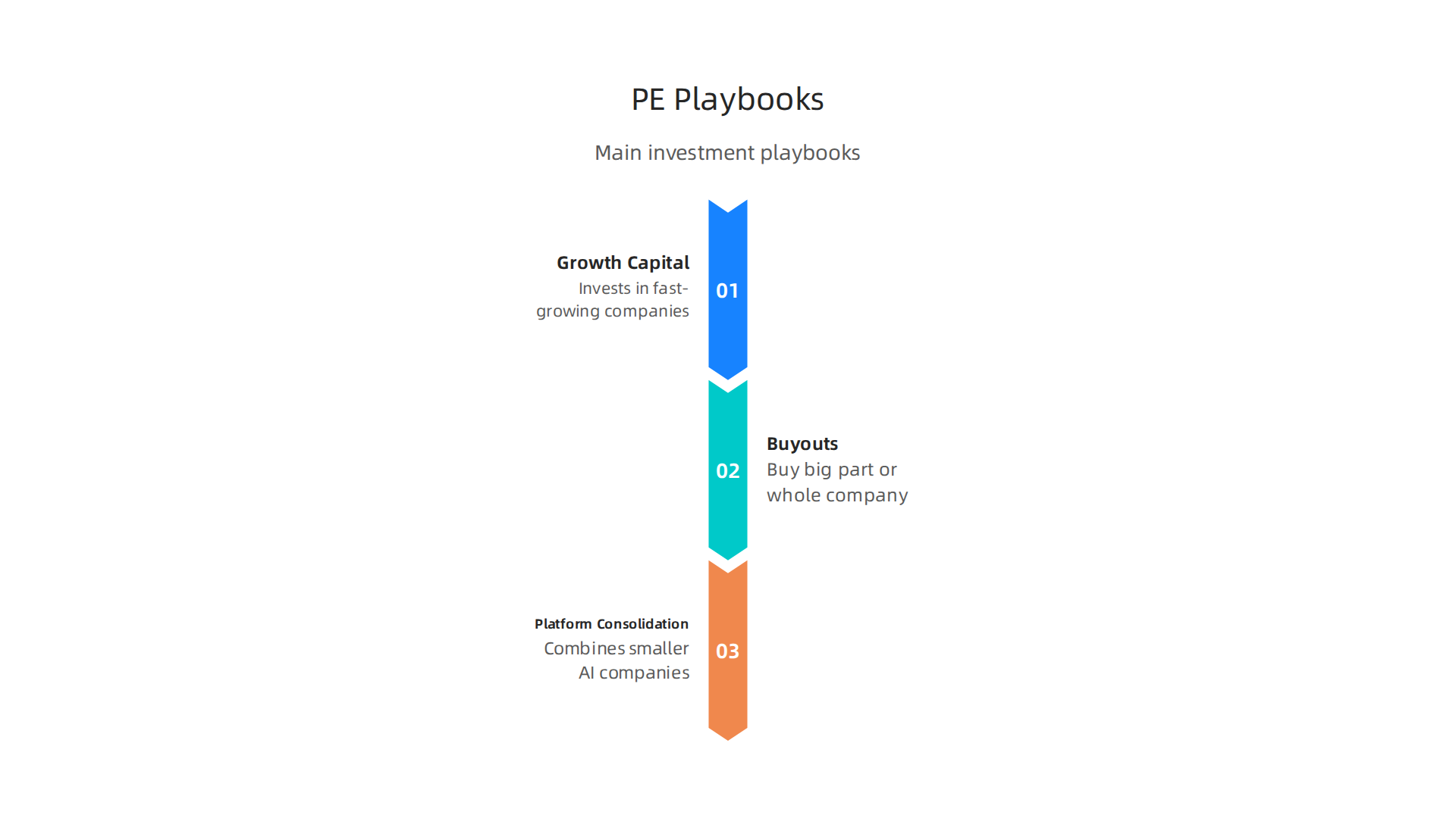 An infographic detailing the main investment playbooks utilized by private equity firms in the AI space.