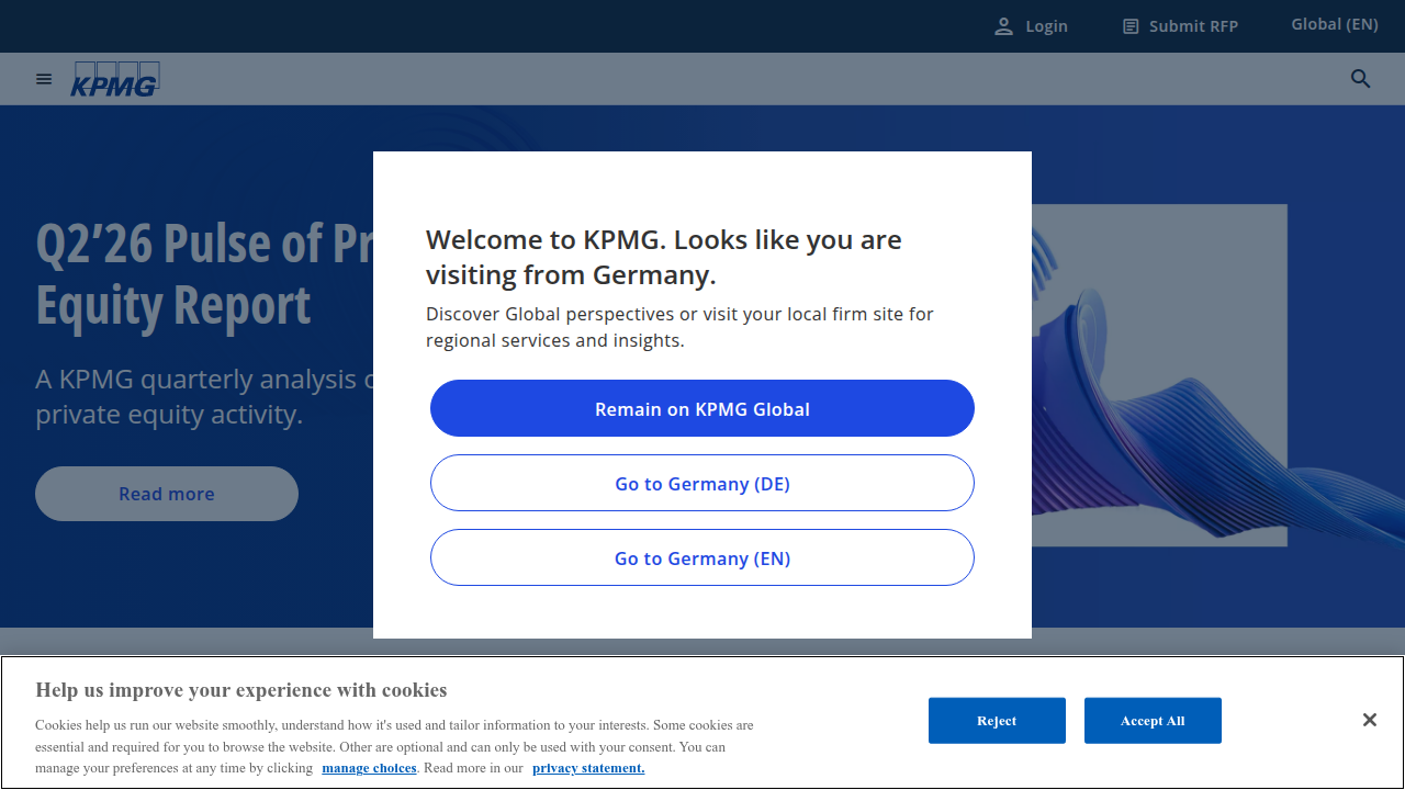 Screenshot of KPMG's homepage, a global leader in professional services and financial insights.