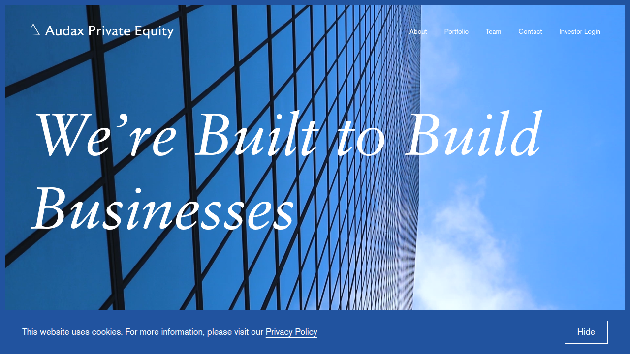 Screenshot of Audax Private Equity's website, highlighting their focus on growth and strategic investments.
