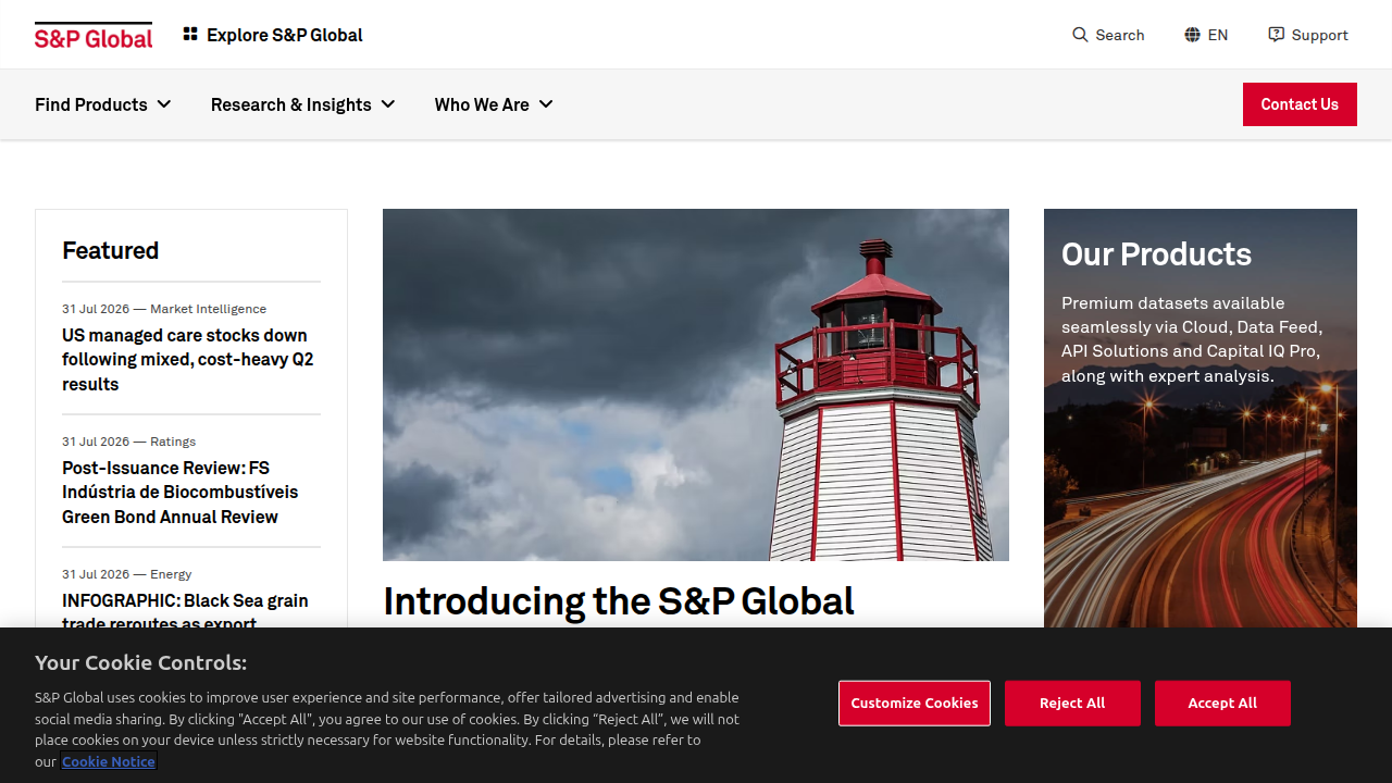Screenshot of S&P Global's homepage, a source for financial data and market intelligence.