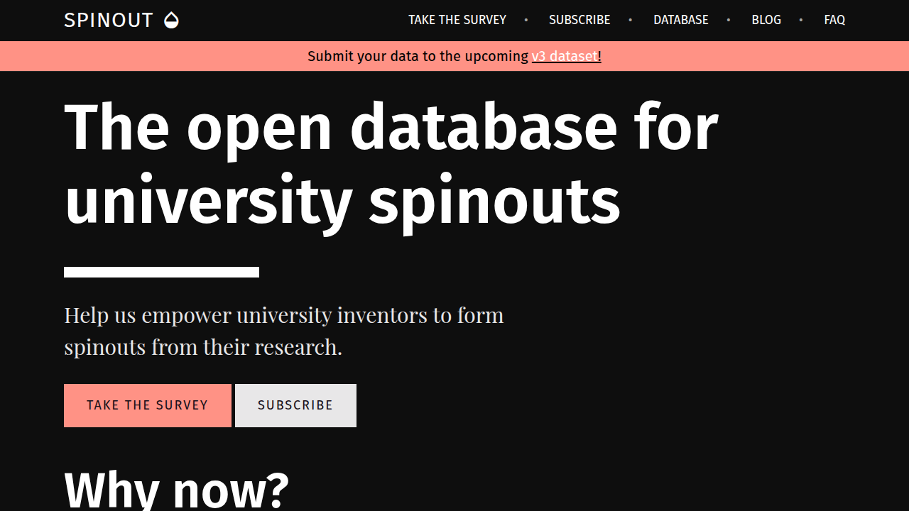 The homepage of spinout.fyi, an open database tracking companies born from university research.