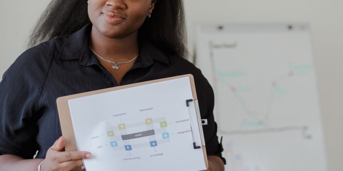 A confident entrepreneur presenting their AI startup's business plan to potential investors.